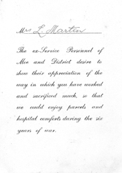 Letter of appreciation to L Martin for War Comfort Fund efforts post WWII