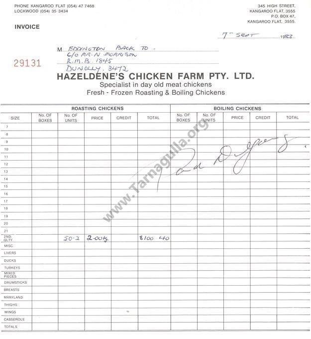 Hazeldene's Chicken Farm Invoice 1983