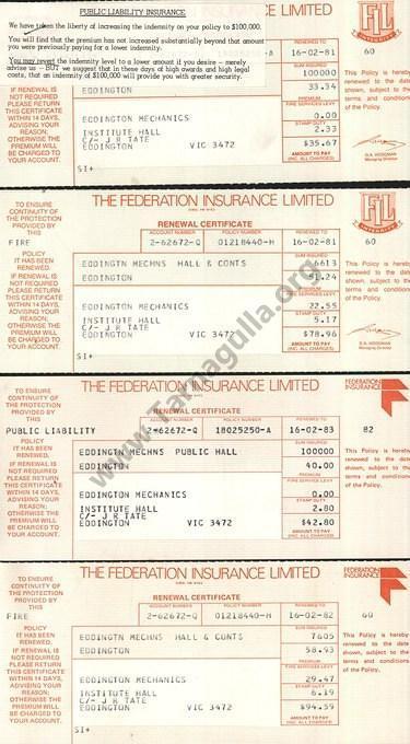 Eddington Community Hall Public Liability Insurance Receipts 1980's
