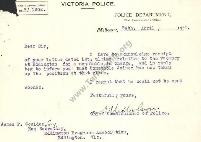 Eddington Police Station staffing 1924