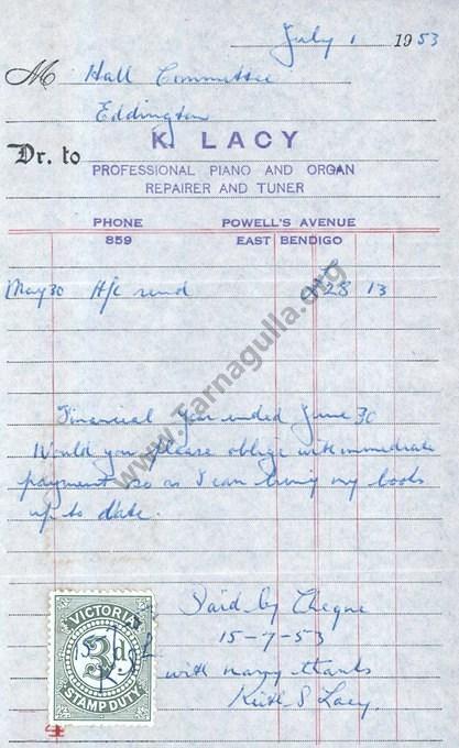 Invoice of K Lacy, Piano Tuner 1953