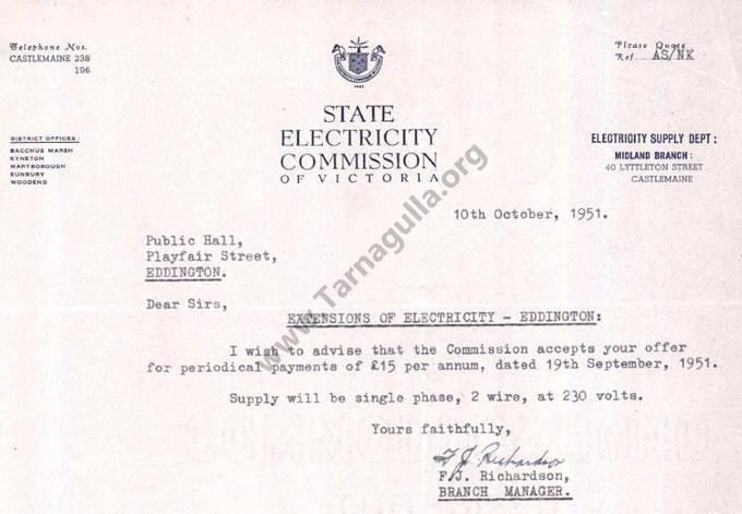 Agreement with SEC 10 October 1951, for initial connection of electricity to Mechanics' Institute Hall