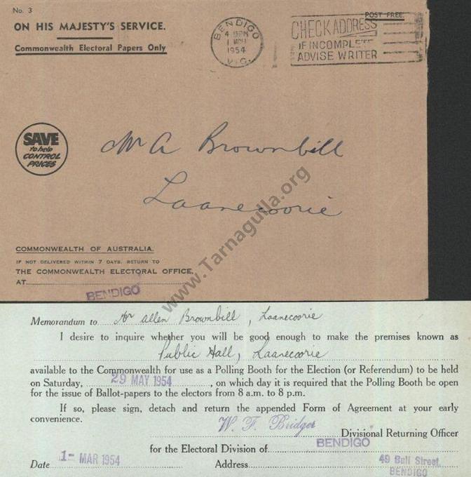 Reservation of Laanecoorie Hall from Commonwealth of Australia for Polling Booth for Federal Election on 29 May 1954