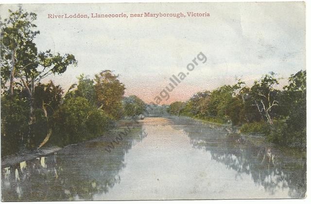 A Postcard dated 1907 and captioned "River Loddon, Llanecoorie, near Maryborough, Victoria". Note the mis-spelling of Laanecoorie.
David Gordon Collection