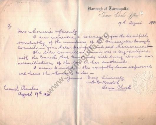 Borough of Tarnagulla letter of condolence to Comrie Family 1910