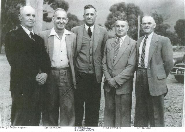 Some well-known Tarnagulla identities in 1963. George Fotheringham, Les Williams, George Bock, Cecil Williams, Bill Clarke.
From the Mary Dridan Collection