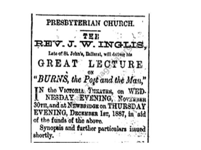 Lecture by Rev. J. W. Inglis in Victoria Theatre, 30 November 1887