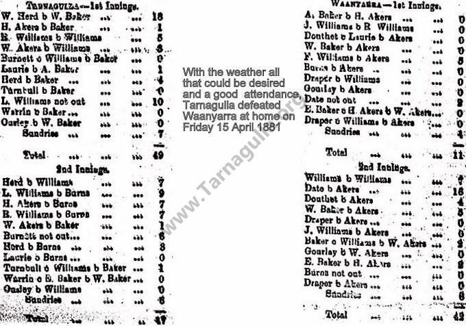 Cricket: Tarnagulla v Waanyarra Friday 15 April 1881