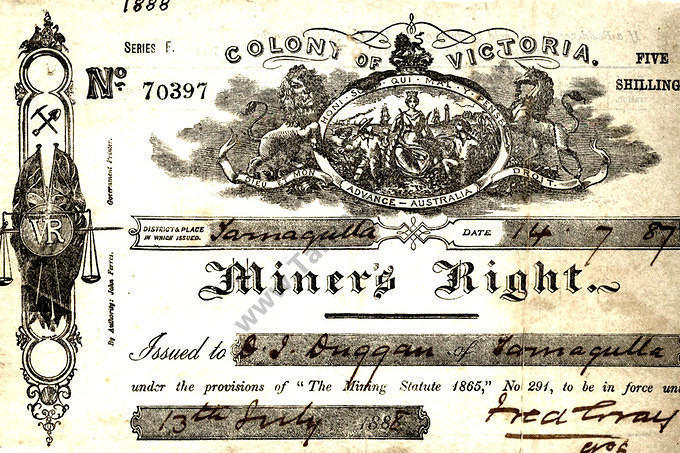 Miner's Right issued to D. J. Duggan 14 July 1887