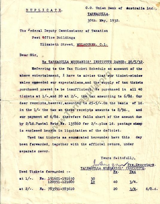 Tarnagulla Mechanics' Institute Ticket Tax Return 30 May 1930