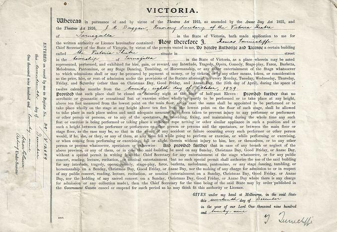 Victoria Theatre Licence 17 December 1929