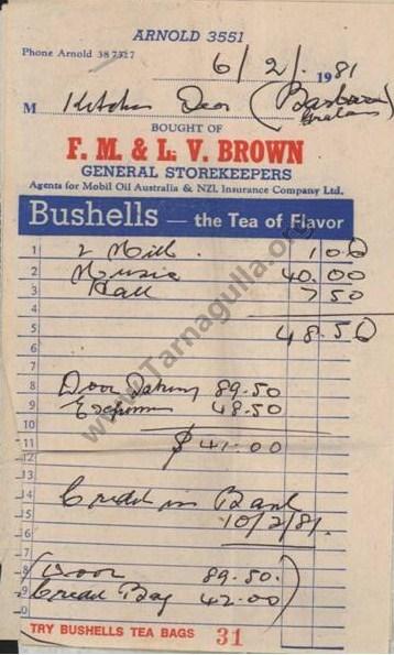 Brown's Arnold General Store Invoice