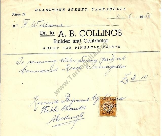 Collings of Tarnagulla Invoice, 1955