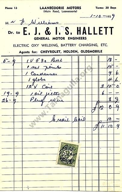 Hallet of Laanecoorie Invoice, 1959
