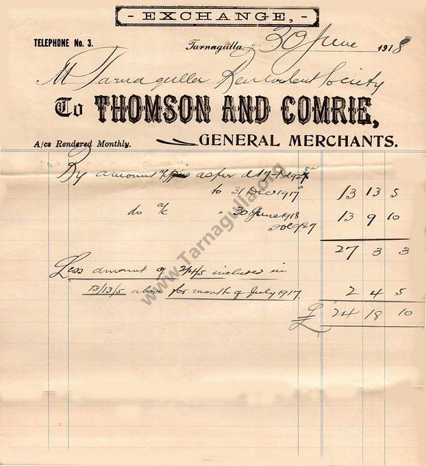 Thomson & Comrie invoice 30 June 1918