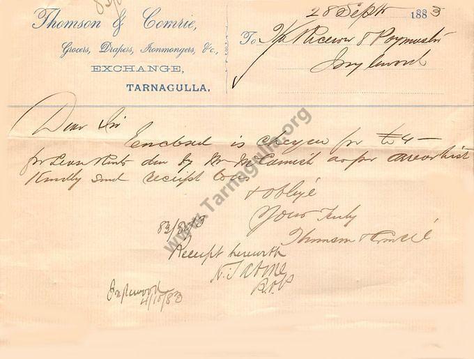 Thomson & Comrie receipt for rental paid to The Receiver of Payments,  Inglewood 28 September 1883