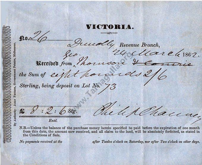 Crown Land Auction receipt for purchase of Lot No. 73 at Waanyarra 24 March 1862