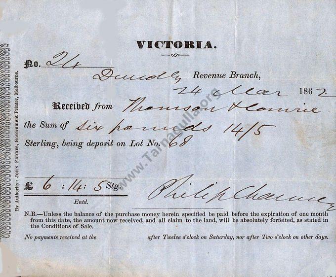 Crown Land Auction receipt for purchase of Lot No. 68 at Waanyarra 24 March 1862
