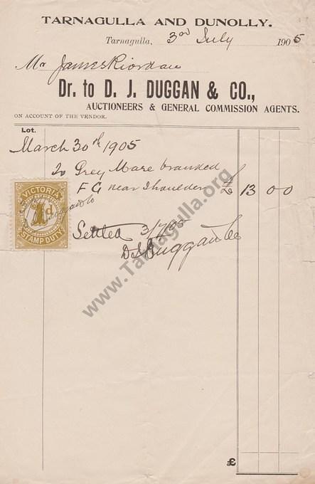 Invoice D. J. Duggan & Co to Mr. James Riordan 3 July 1905