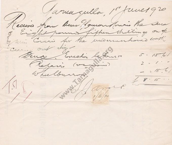 Invoice J James to Thomson & Comrie 1 June 1920