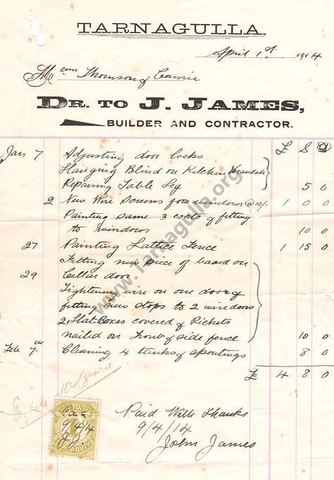 Invoice J. James to Thomson & Comrie 1 April 1914