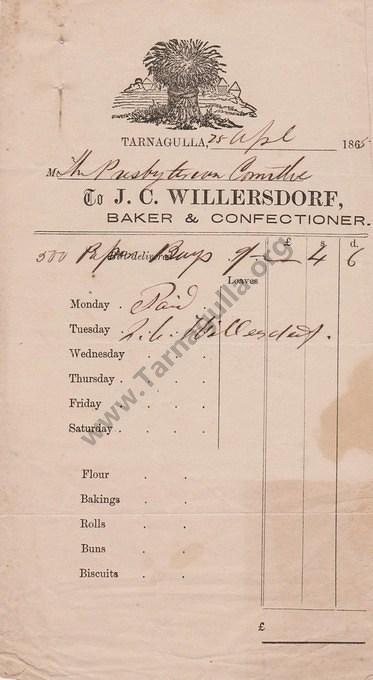 Invoice J.C Willersdorf to Presbyterian Church 25 April ,1865