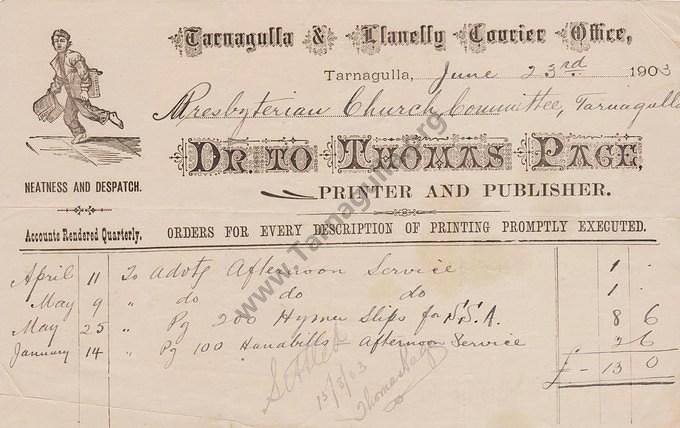 Invoice Thomas Page to Tarnagulla Presbyterian Church 23 June 1903
