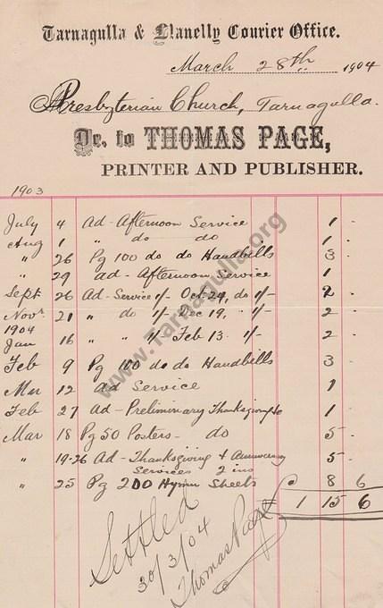 Invoice Thomas Page to Tarnagulla Presbyterian Church 28 March 1904
