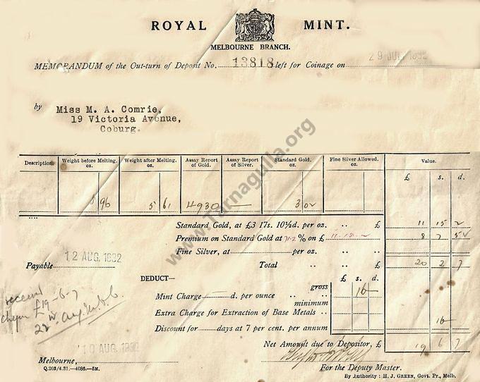 Receipt for sale of gold to Royal Mint 29 July 1932