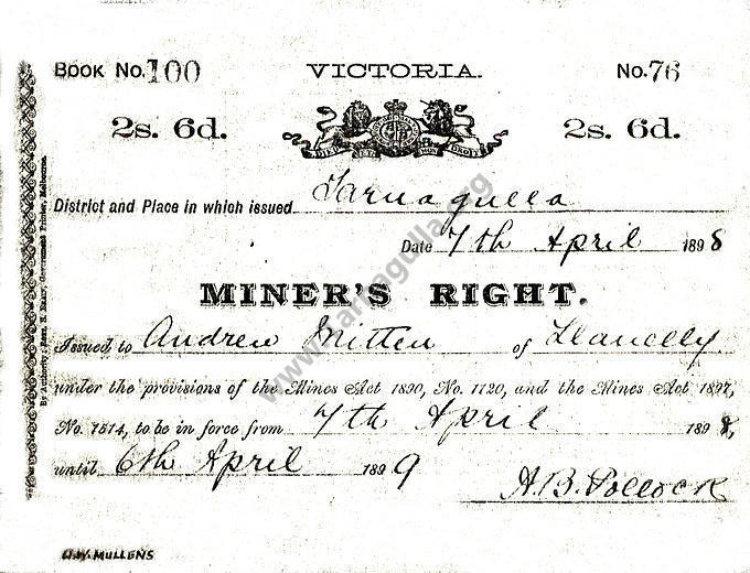 Miner's Right issued to Andrew Mitten of Llanelly 7 April 1898