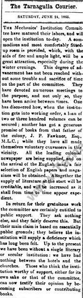 Editorial on opening of Tarnagulla Mechanics' Institute 24 June 1865