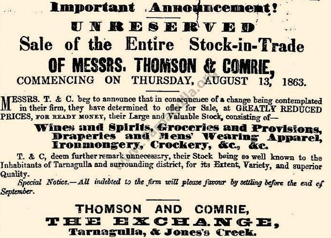Thomson and Comrie Sale of Entire Stock October 1863