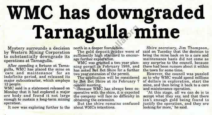 Western Mining Corporation Downgrades Tarnagulla Mine, 1990.