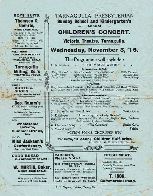 Presbyterian Sunday School Children's Concert Wednesday 3 November 1915