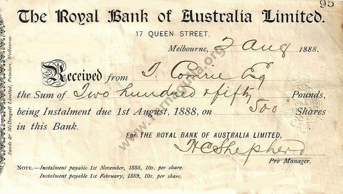 Receipt for purchase of Royal Bank shares by Thomas Comrie 2 August 1888