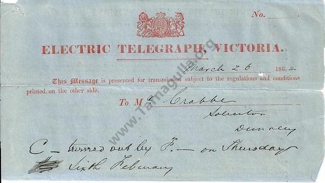 Telegram dated 26 March 1862 from Tarnagulla Telegraph Office