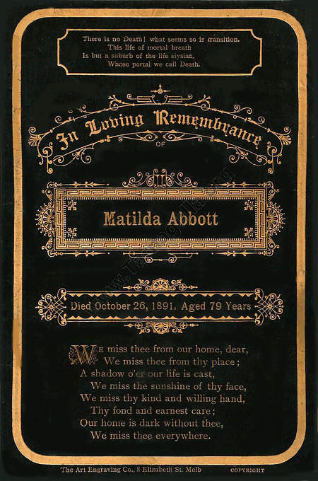 In Memorium Card for Matilda Abbott