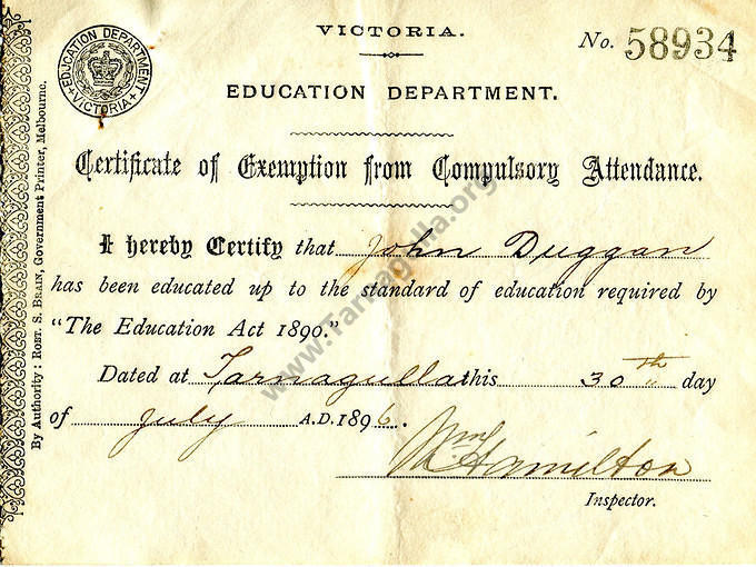 Certificate of Education for John Duggan, 1896