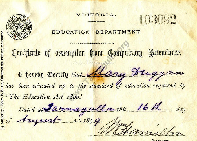 Certificate of Education for Mary Duggan, 1899