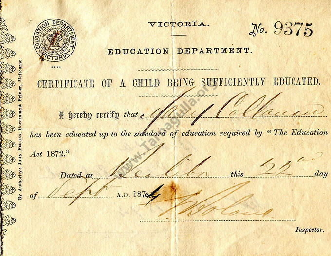 Certificate of Education for Mary Callanan, 1874
