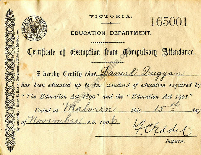 Certificate of Education for Daniel Duggan, 1906