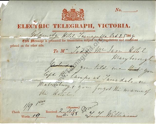 Telegram regarding the Golden Age Hotel, 1869.