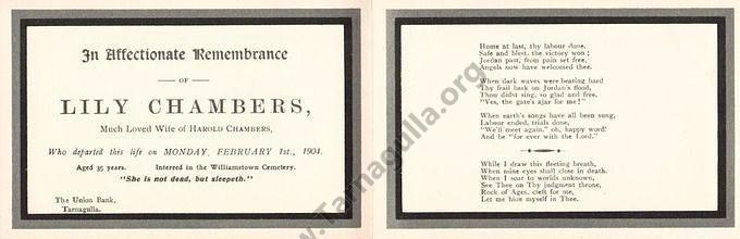 Remembrance Card for Lily Chambers  1904