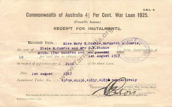 War Loan Instalment receipt 1 August 1917