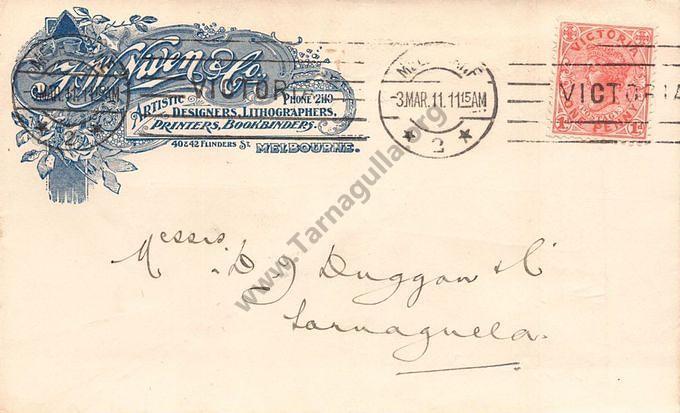 Envelope addressed to D. J. Duggan & Co Tarnagulla 1911