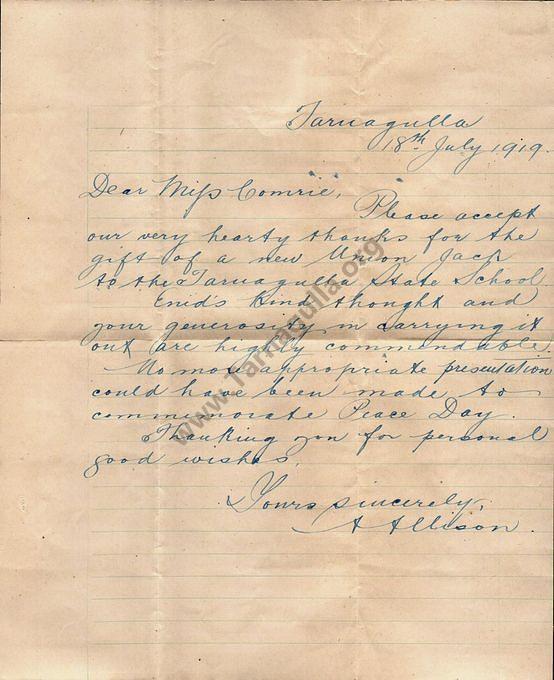 Letter to Miss Comrie , Tarnagulla 18 July 1919