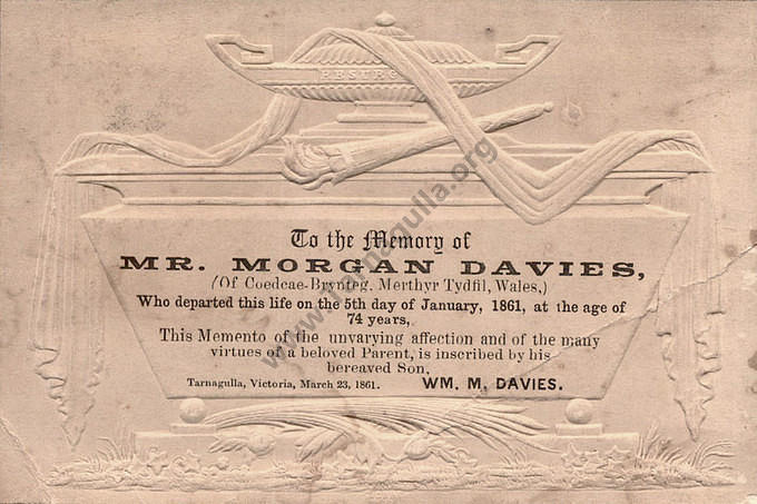 In Memorium Card For Morgan Davies, 1861