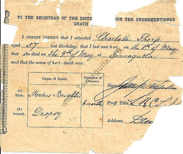 Registration Certificate for death of Charlotte Thorp, dated 1872.