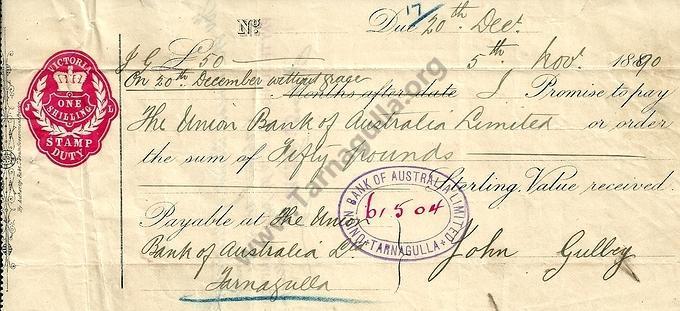 Promissory Note Drawn on Union Bank, Tarnagulla, 1890