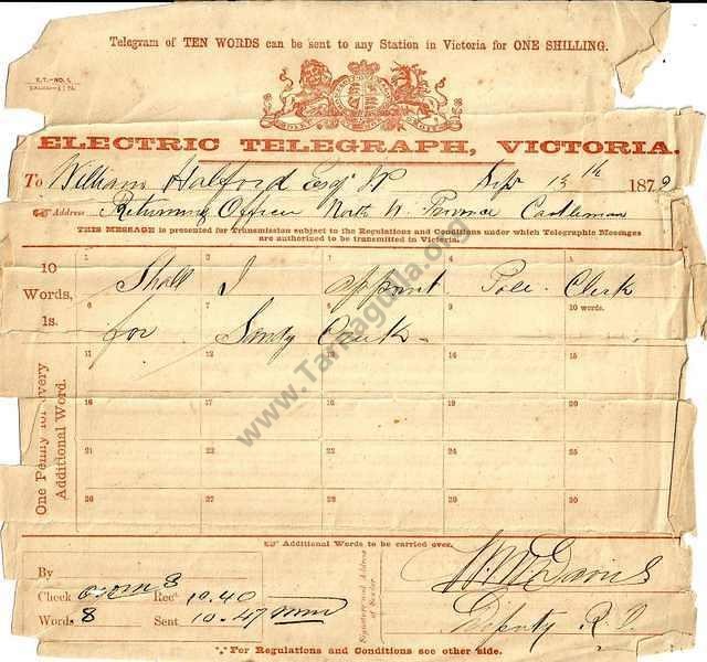 Telegram dated 13 September 1872 regarding appointment of a Polling Clerk